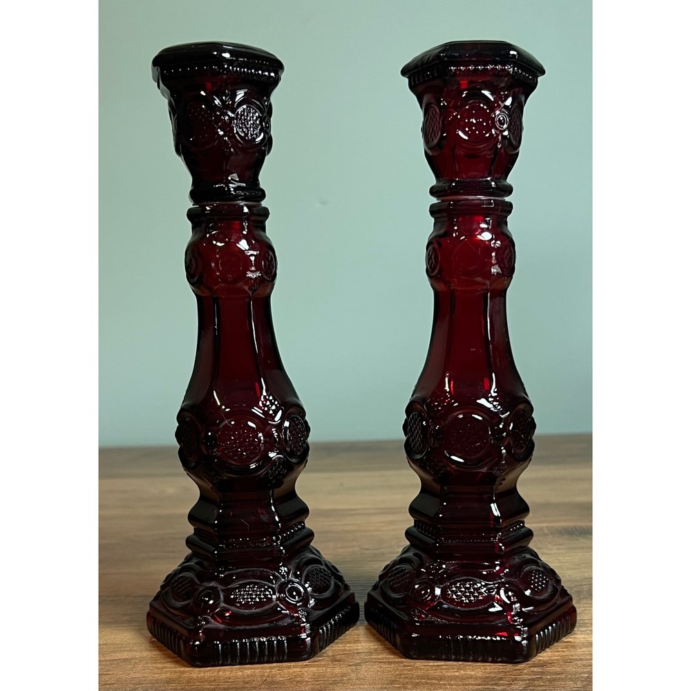 Avon 1876 Cape Cod Collection Ruby Red Glass Candlestick Holders Set of 2
